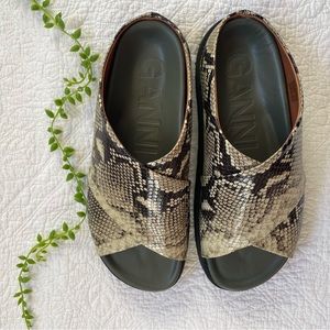 Ganni Snake Skin Print Slides In Olive, Size 40/US Size 10
